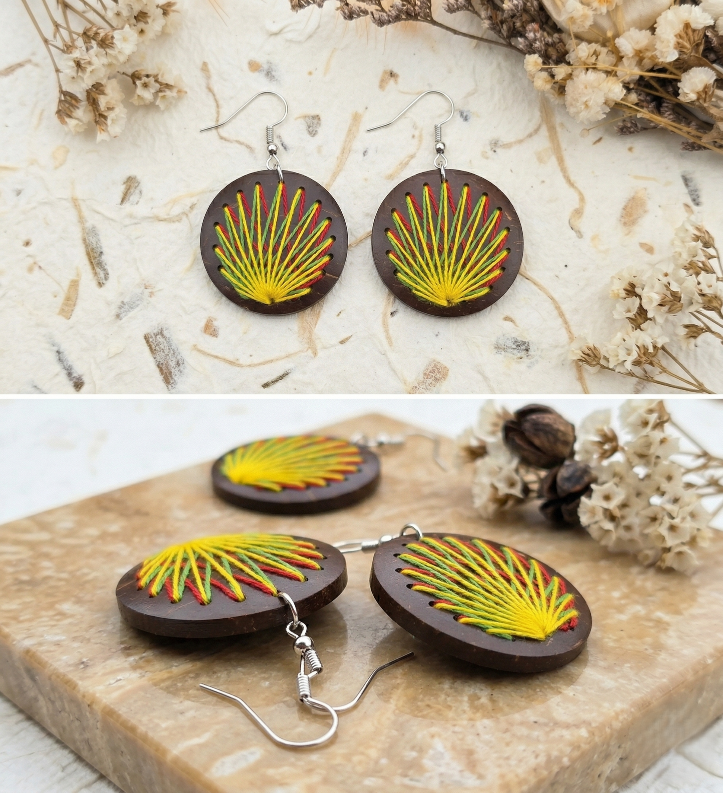 Örhängen av kokosnötsskal och bomullstråd