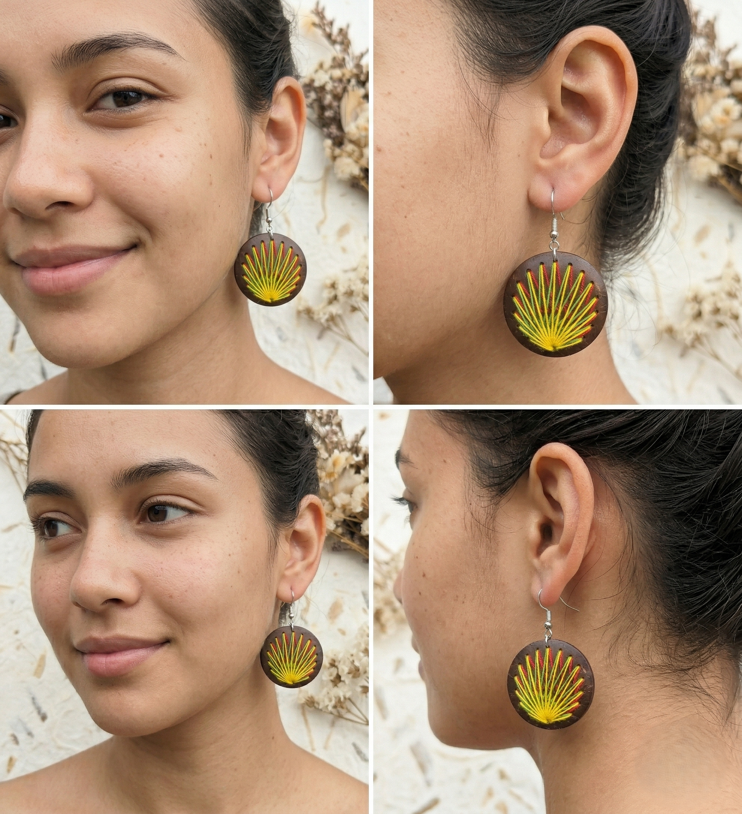 Örhängen av kokosnötsskal och bomullstråd