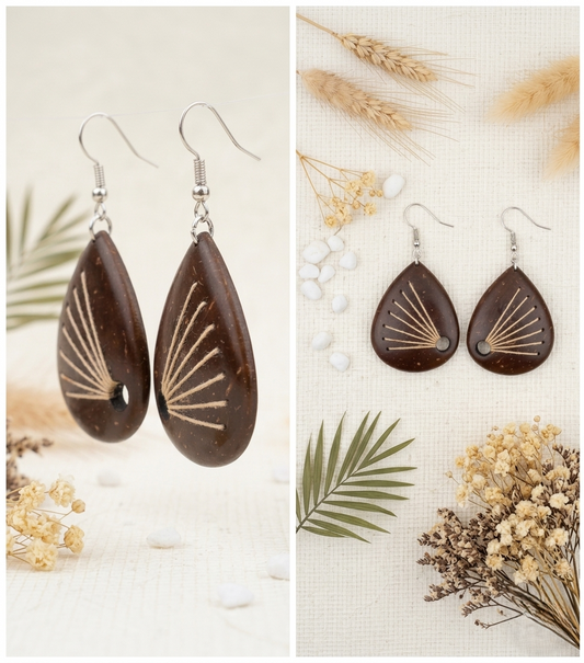 Örhängen i kokosnötskal och bomullstråd