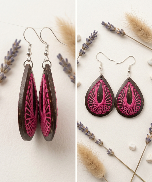 Örhängen av kokosnötsskal och bomullstråd