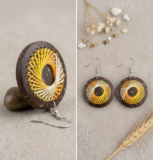 Örhängen av kokosnötsskal och bomullstråd