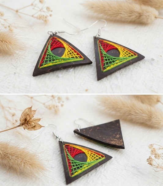 Örhängen av kokosnötsskal och bomullstråd