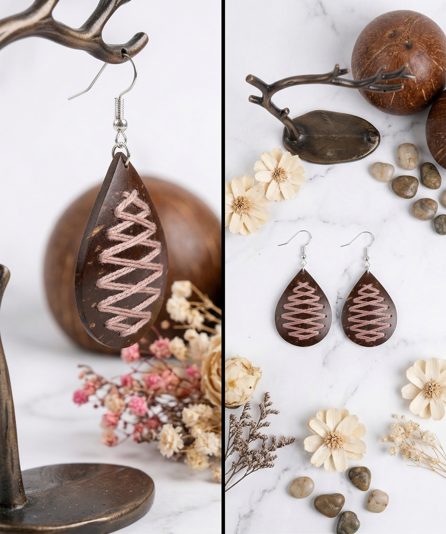 Örhängen av kokosnötsskal och bomullstråd