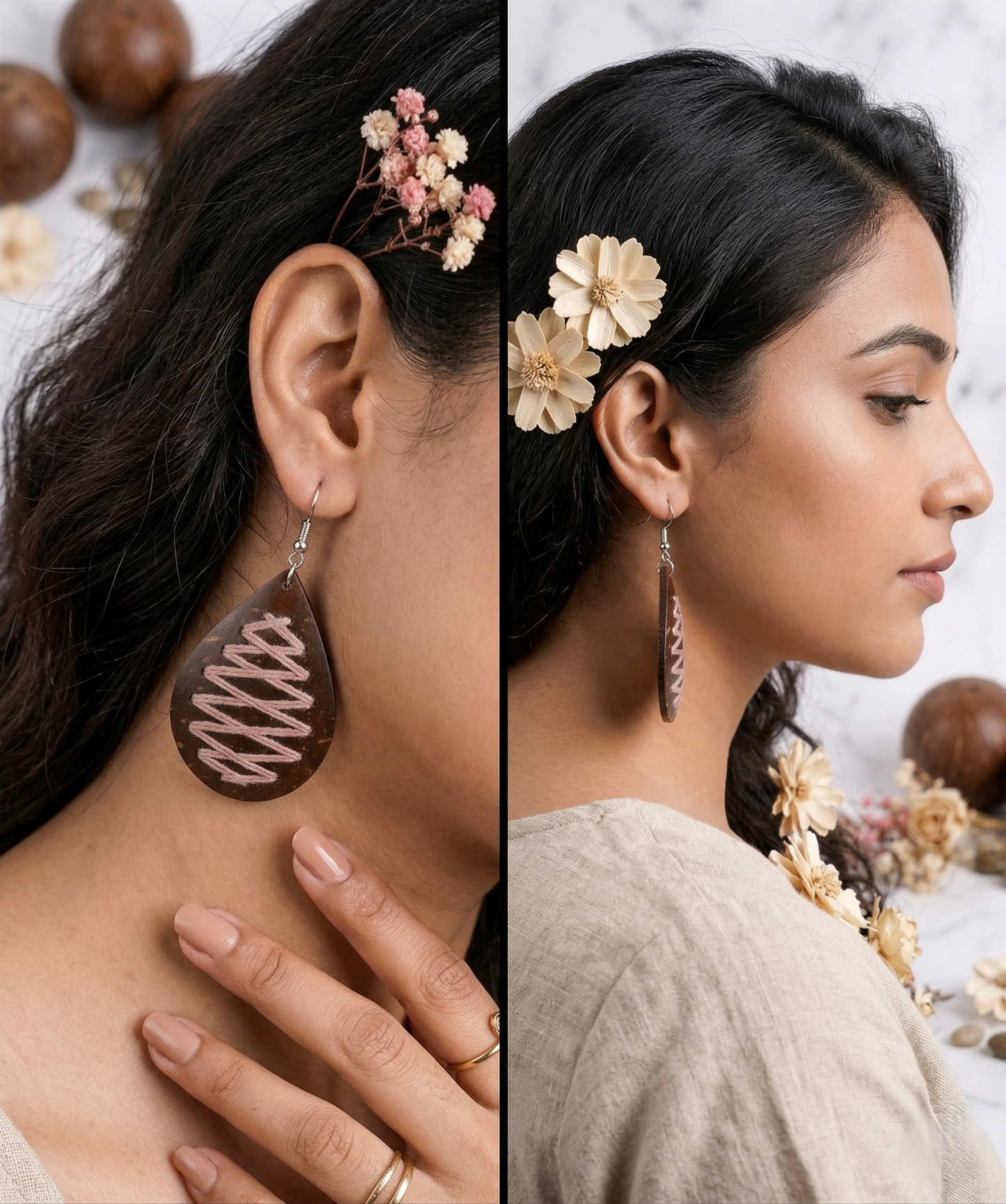 Örhängen av kokosnötsskal och bomullstråd