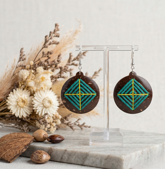 Örhängen av kokosnötsskal och bomullstråd